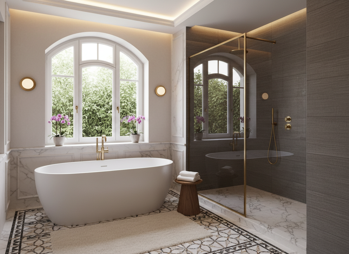 Luxurious master bathroom with freestanding tub